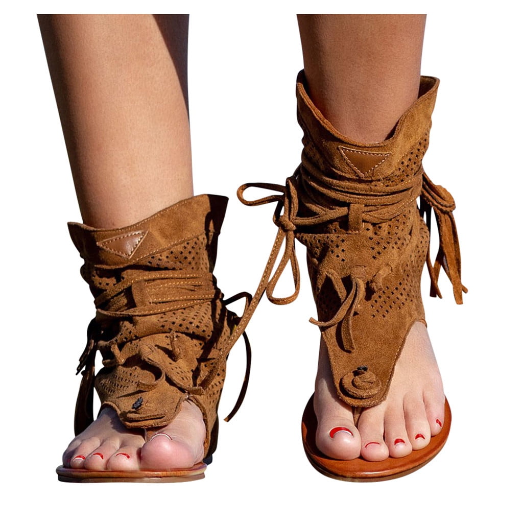 summer retro Womens Buckle Ankle Boots Flat Heel Roma Flip Flops Sandals 