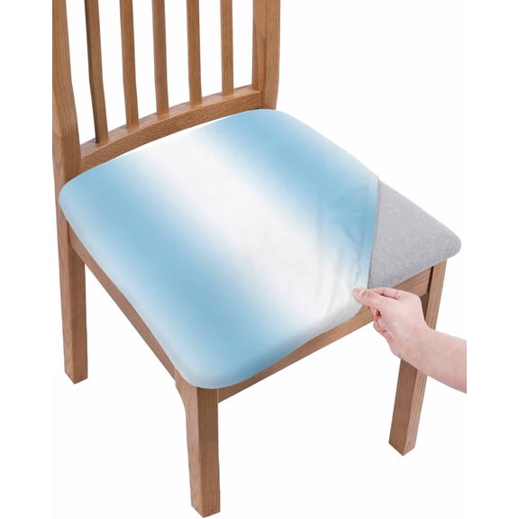 Sky Blue White Chair Seat Covers for Dining Room Stretch Chair Seat Covers Set of 4, Gradient Vertical Stripes Minimalist Chair Seat Protector Cushion Slipcovers for Kitchen Restaurant Office