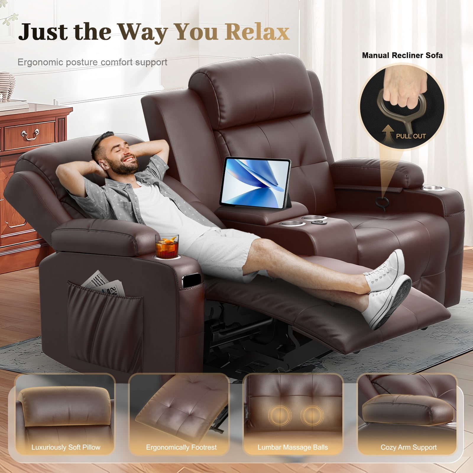 LOBERFVE Loveseat Recliner, 2 Seater Manual Recliner with Cup Holders, USB and Type-C Port, Faux Leather Recliner Chair with Massage Function for Living Room Furniture, Brown