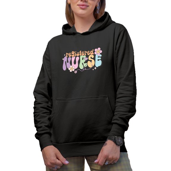 Registered Nurse, Retro Groovy Text & Smiling Flowers Art, Nurses' Merch Gift, Black Hooded Sweatshirt or Hoodie, Small
