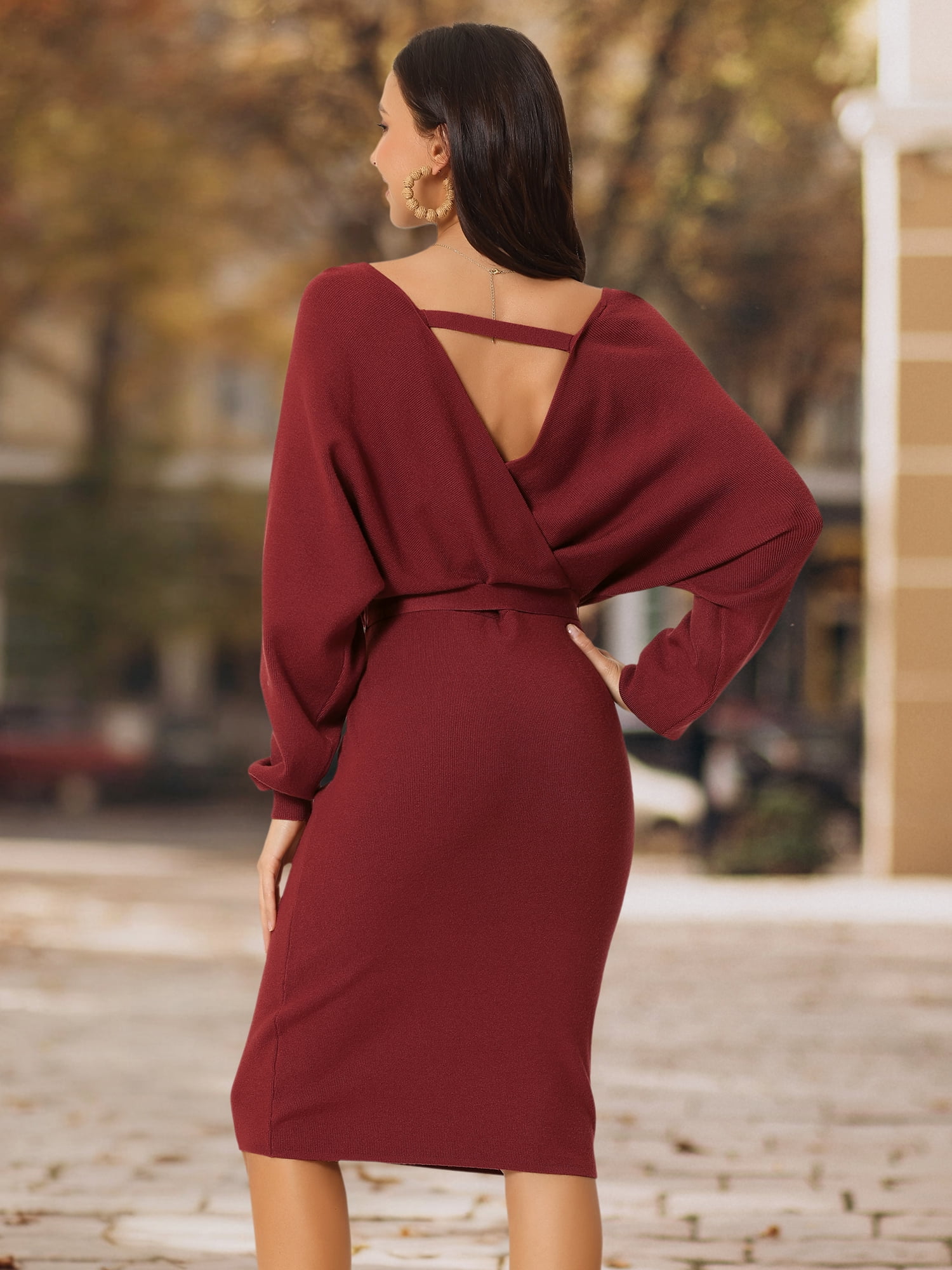DARING DIVA Women's Deep V Neck Wrap Lantern Sleeve Belted Mini Sweater Dress M Red