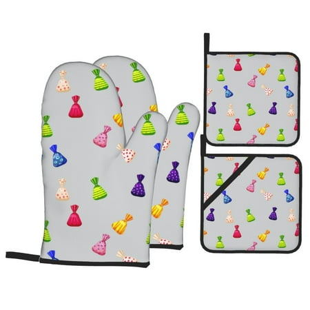 

Oven Mitts and Pot Holders Sets 4 pcs Colourful Chocolate Candy Print Non-Slip Oven Gloves Potholders Soft Quilted Lining Heat Resistant Gloves Hot Pads for Kitchen Cooking Baking