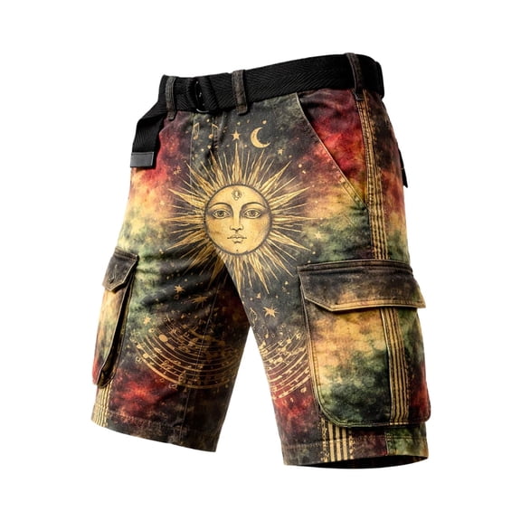 Men's Casual Cargo Shorts Tie-Dye Print Ethnic Loose Fit Trousers Summer Travel Hiking Beach Shorts With Pockets