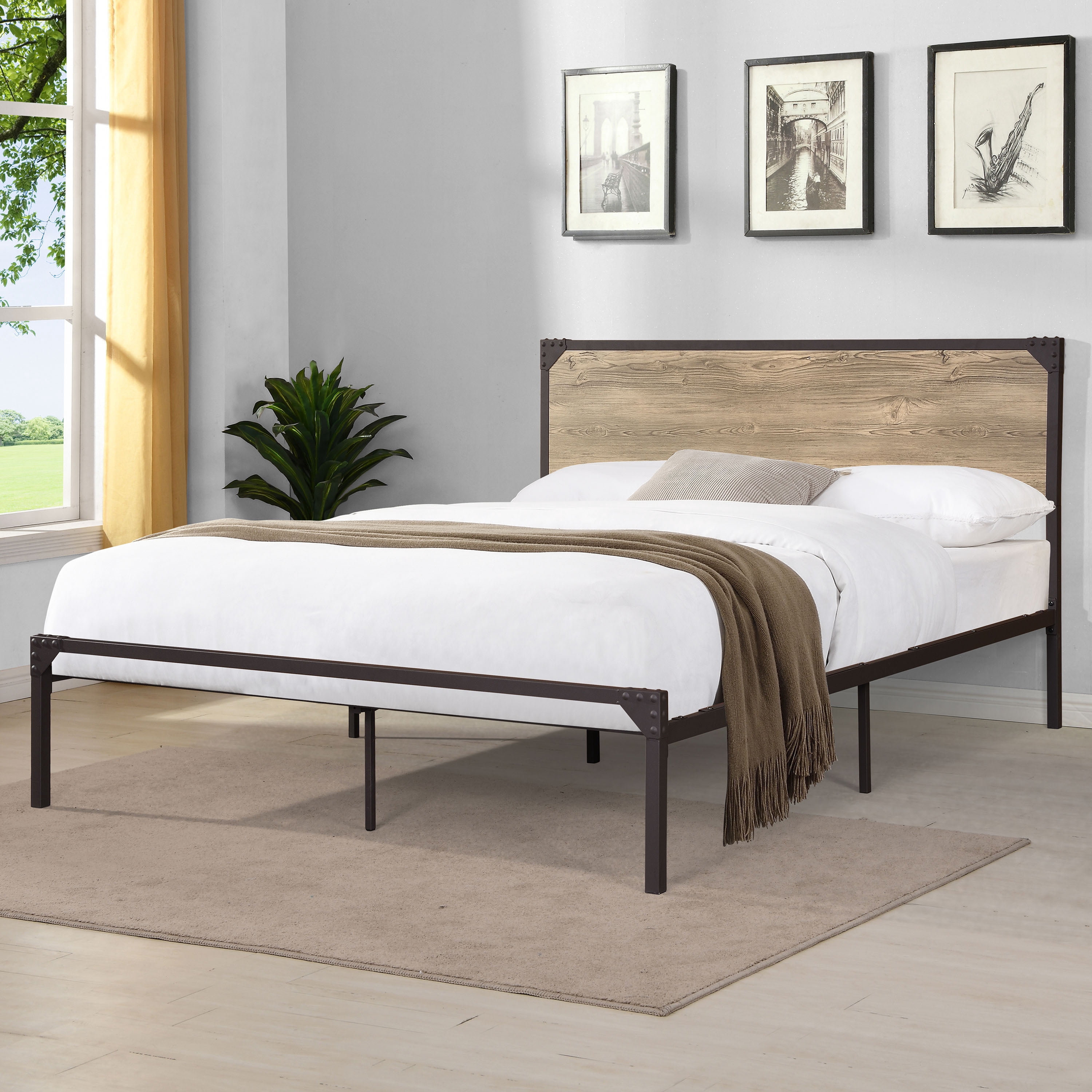 Furniture of America Fahr Industrial Steel Platform Bed With Straight Headboard, Full, Light Gray