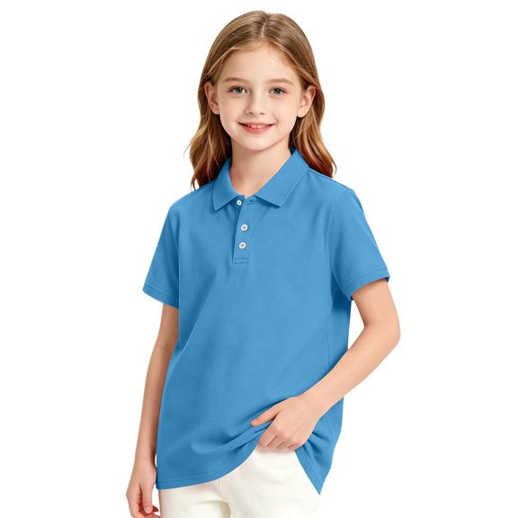Girls Breathable Polo Shirt Kids Short Sleeve School Uniform Golf Shirt Casual Quick Dry Three-Button Polo Shirt 120
