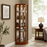 Lighted Curio Cabinet Wooden Corner Display Cabinet with Adjustable Tempered Glass Shelves and Mirror Back, Tall Wooden Curved Shelving Unit, Oak