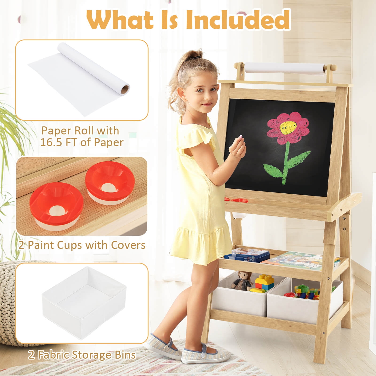 Costway Kids Art Easel Double Sided Chalkboard Magnetic Whiteboard with Storage Tray Pink Natural