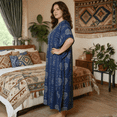 thumbnail image 2 of Oussum Kaftan Dresses for Women Tribal Navy Blue Maxi Dress, Polyester V-Neck Kimono 3/4 Sleeve Poolside Wear, One Size 1X–3X, 2 of 5