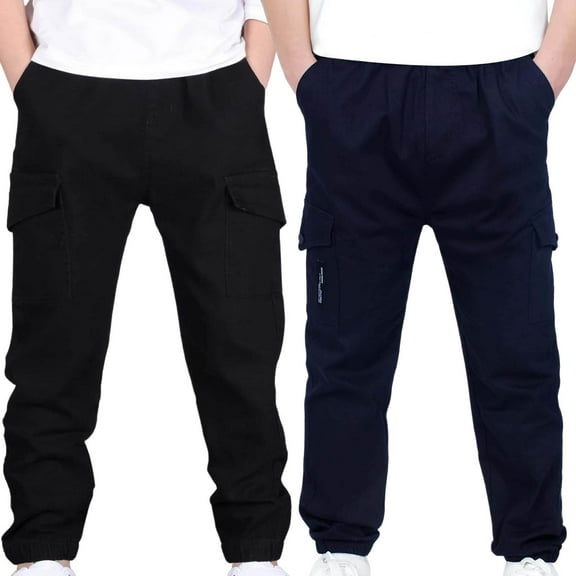 2PC Boys Cargo Pants Stretch Elastic Waist Sweatpants with Pockets Twill Casual Athletic Jogging School Trousers 4-14 Years