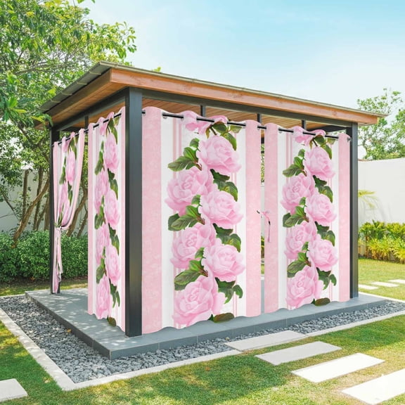 1 Panel Outdoor Curtains for Patio Waterproof 54"x84", Valentine's Day Weatherproof Privacy Outsides Curtains, Pink Roses Floral Romantic Striped Grommet Thermal Drapes for Cabana Porch Pergola