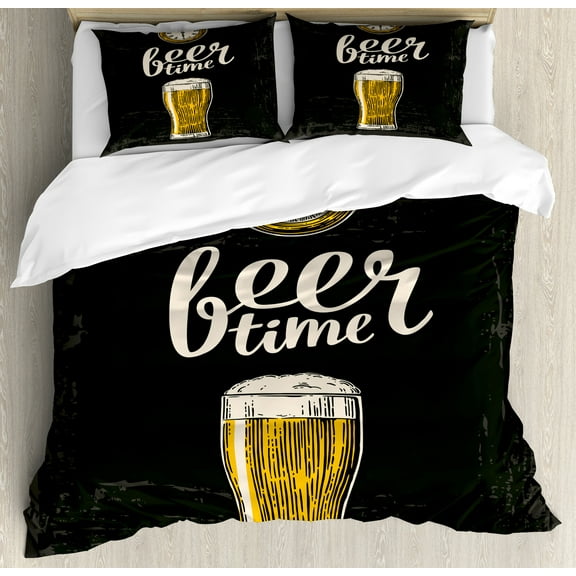 Ambesonne Modern Duvet Cover Set, Beer Time and Old Watch, Queen, Dark Green Yellow Cream
