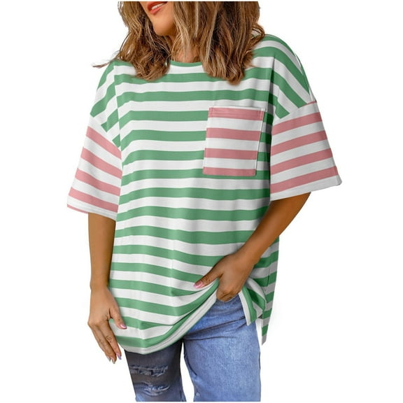 T Shirts for Women Striped Color Block Loose Fit Crew Neck Short Sleeve Womens Tops Tshirts Shirts Loose Tshirts for Women