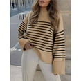 thumbnail image 5 of Women's Oversized Long Sleeve Fuzzy Knit Casual Chunky Pullover Sweater Fall Outfits Clothes Camel Black Stripe M, 5 of 8