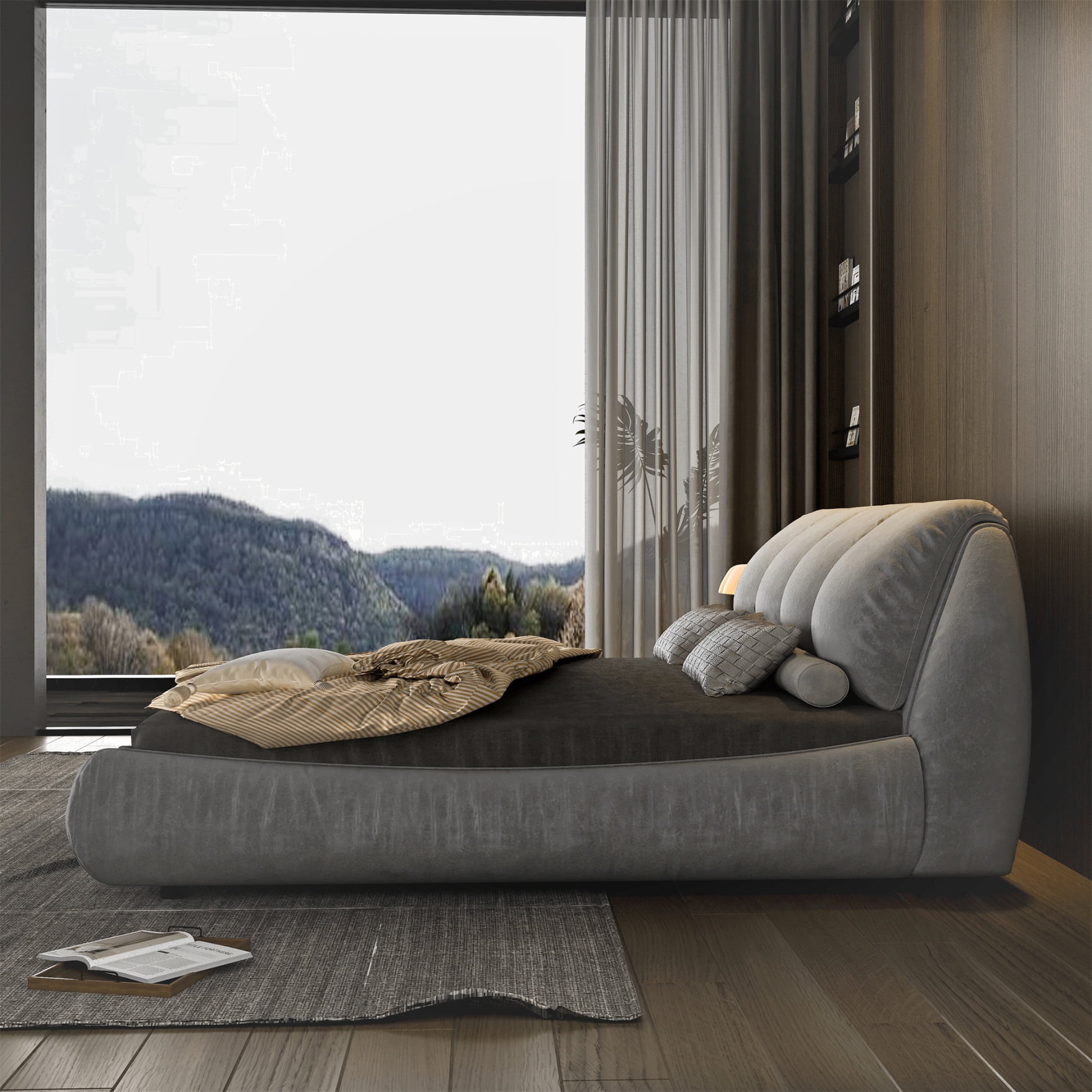 Luxury King Size Upholstered Platform Bed with Oversized Padded Backrest, Soft Frame Cloud Bed, Thickening Pinewooden Slats and Adjustable Height, Grey