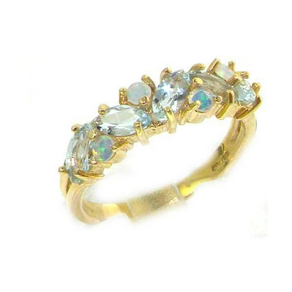 LBG British Made 14k Yellow Gold Natural Aquamarine & Opal Womens Eternity Ring - 33 size options