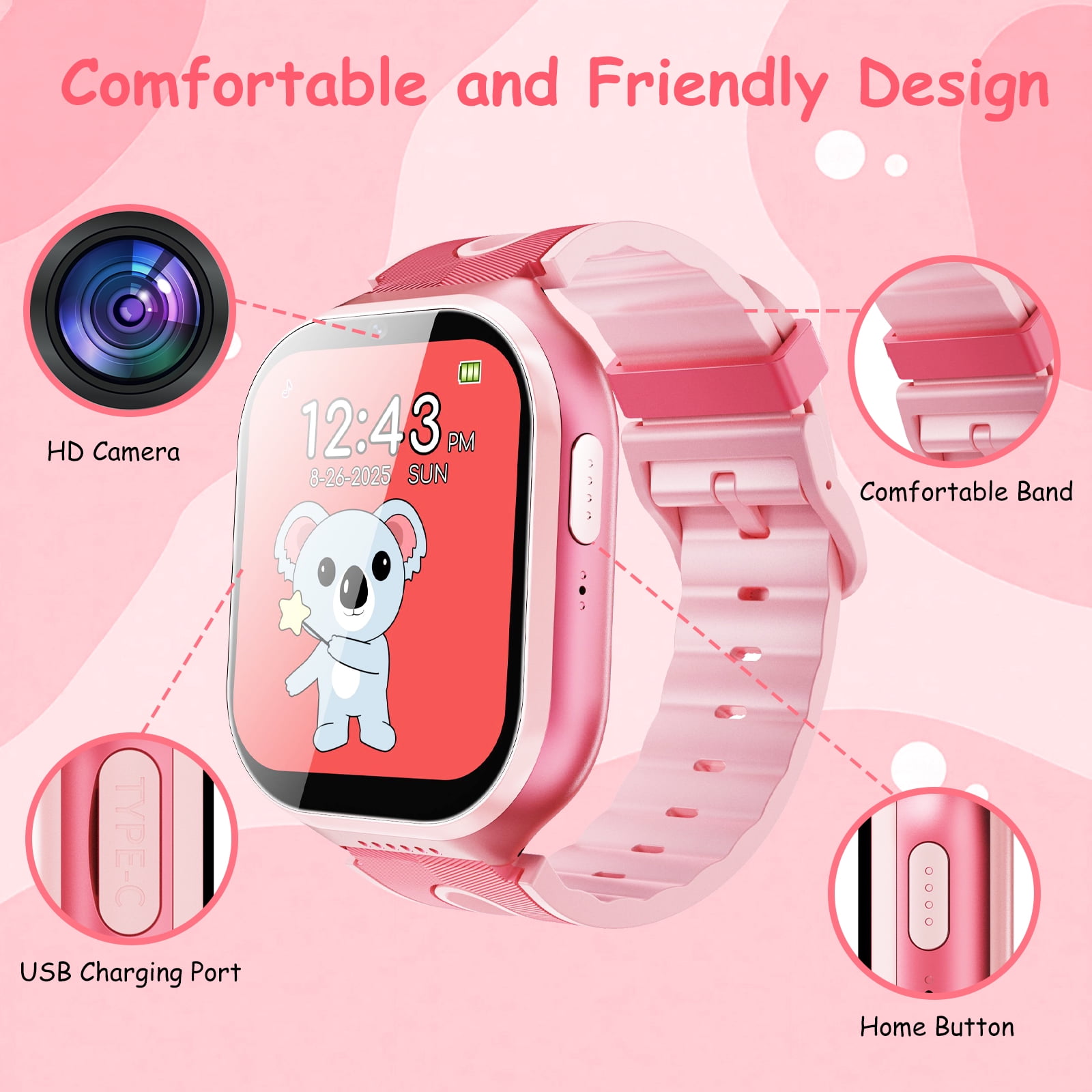 Kids Smart Watch for Boys Girls, 1.83"HD Smartwatch for Kids with Habit Tracker, 26 Games, Video Camera Music Player Pedometer Alarm Clock, Waterproof Smartwatches, Boys Girls Birthday Gift Pink