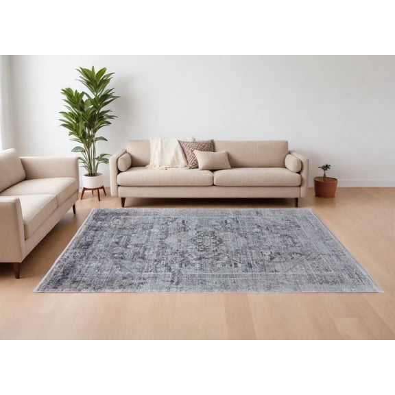 9' X 13' Gray and Silver Oriental Power Loom Worn Faded Area Rug