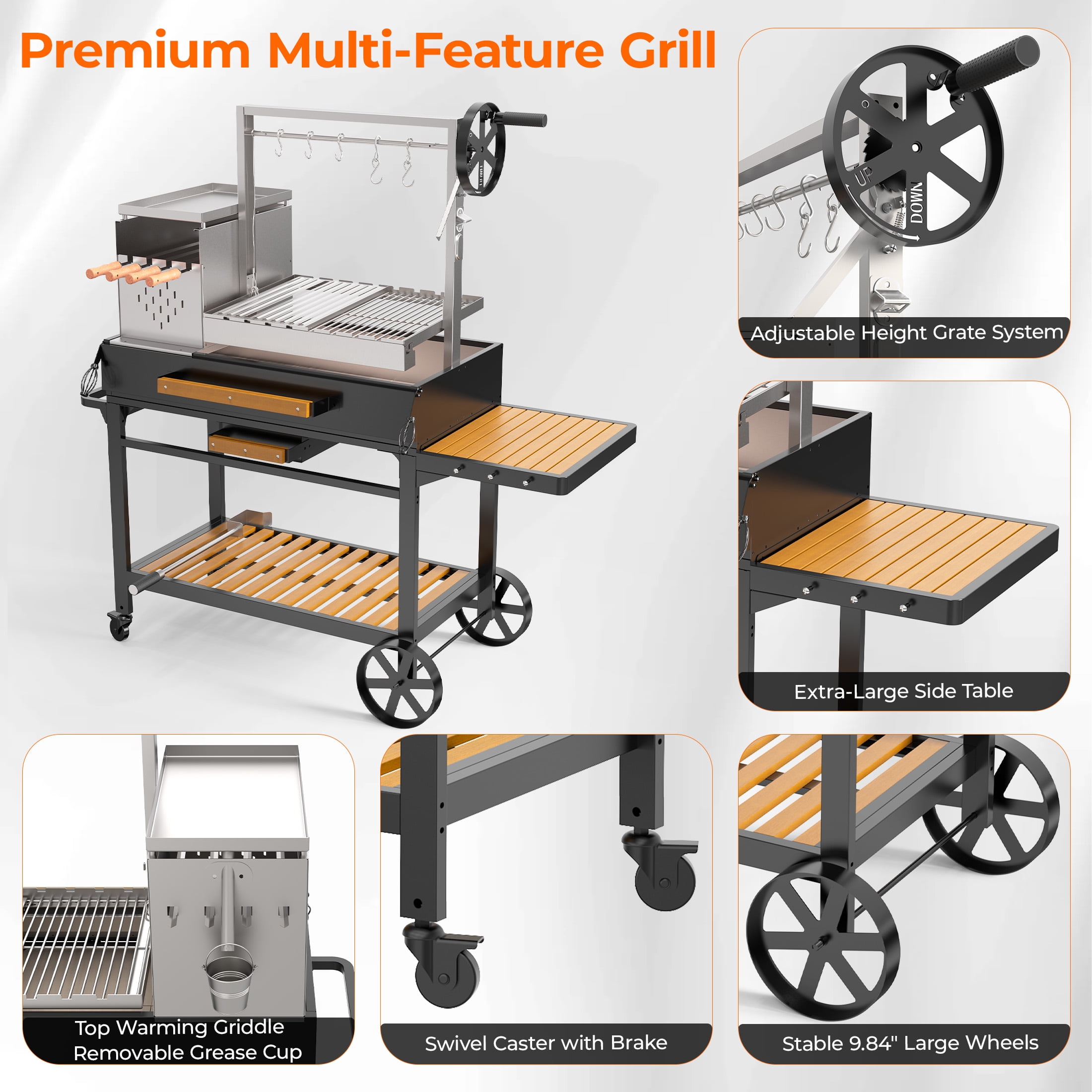 Flintex Professional Argentine Santa Maria Grill, Wood & Charcoal BBQ with Adjustable Height Grate, Asado Skewers & Tools, Ideal for Backyard & Patio Cooking