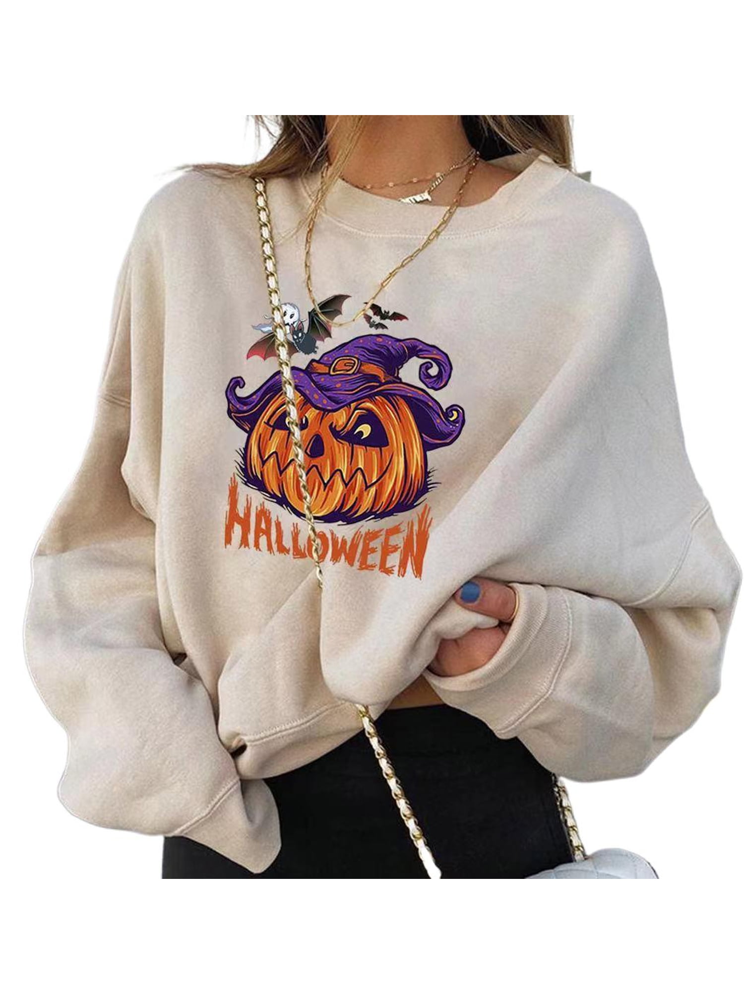 Halloween Sweaters for Women,Womens Scoop Neck Pleated Cute Pumpkin Black Cat Ghost Hoodie Lightweight Coat