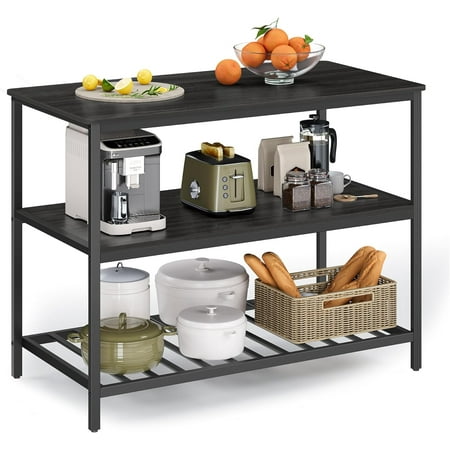 VASAGLE Kitchen Island with 3 Shelves, 47.2 Inches Kitchen Shelf with Large Worktop, Ebonised Oak and Black