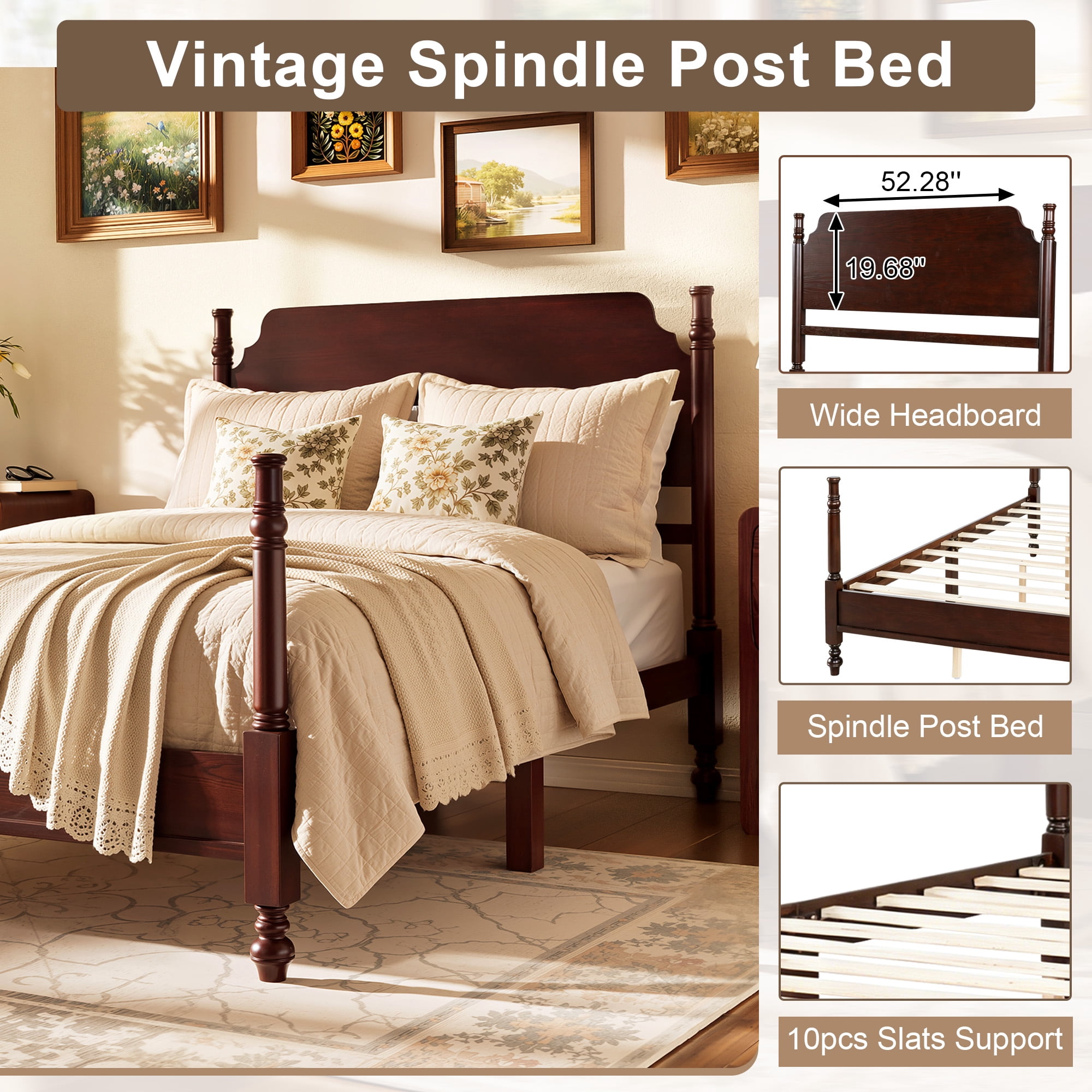 Mintazer Monroe Full Size Bed Retro Spindle Post Bed Frame with Headboard, Dark Walnut