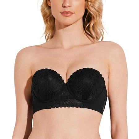 

Deyllo Women s Push Up Strapless Bra Lace Underwire Full Coverage Multiway Bras Red Carpet Black 34C