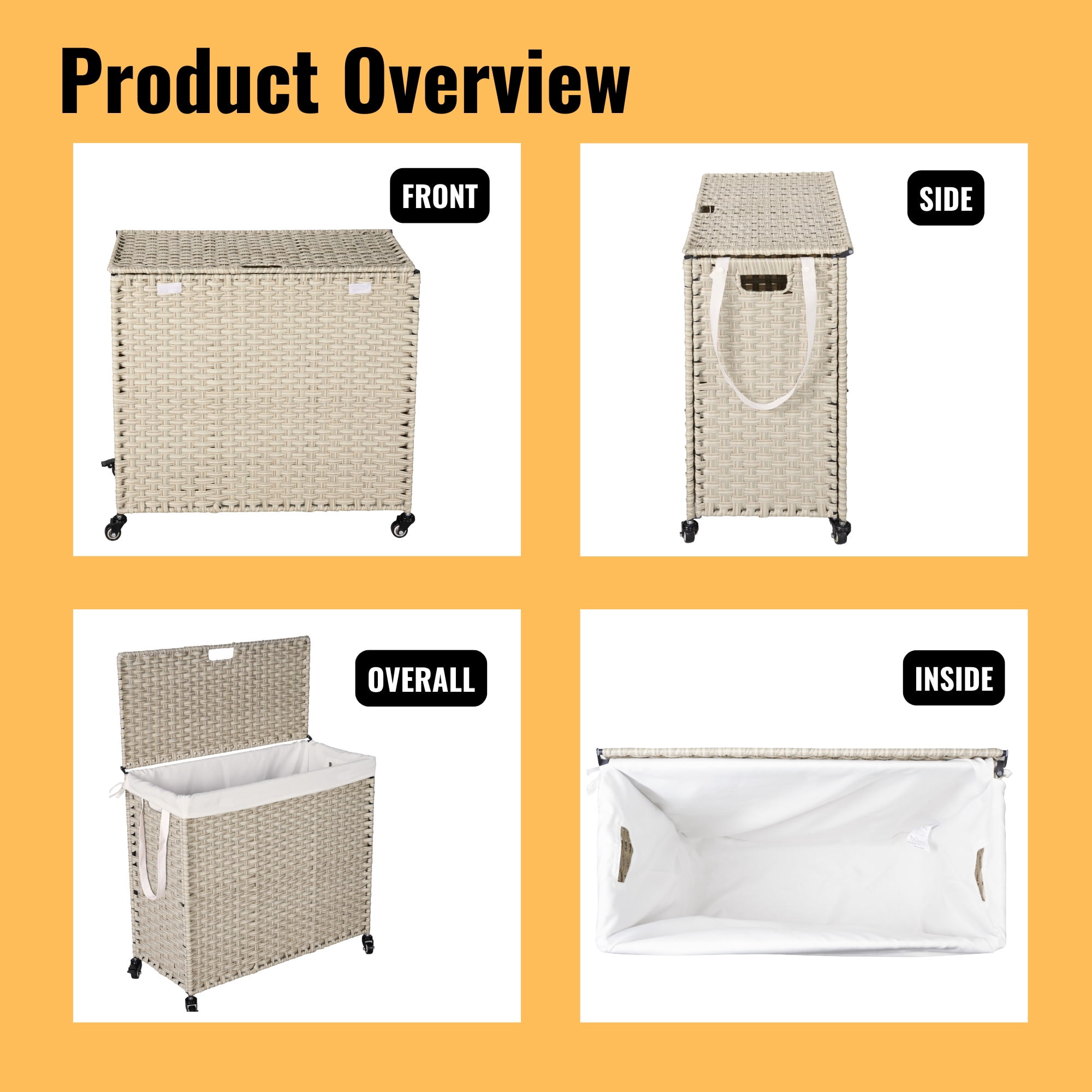PORKISS Wheeled Laundry Basket with Lid, Laundry Hamper for PE Rattan, Waterproof Square Clothes Hamper with Removable Bags for Dorm Clothes Toy Storage, 42.26 Gal. Light Gray