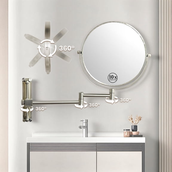 8 in. Wall-Mount Round Magnifying Makeup Mirror, 1X/10X Double-Sided Bathroom Vanity Mirror with Height-Adjustable Base and Extendable Arm, Nickel