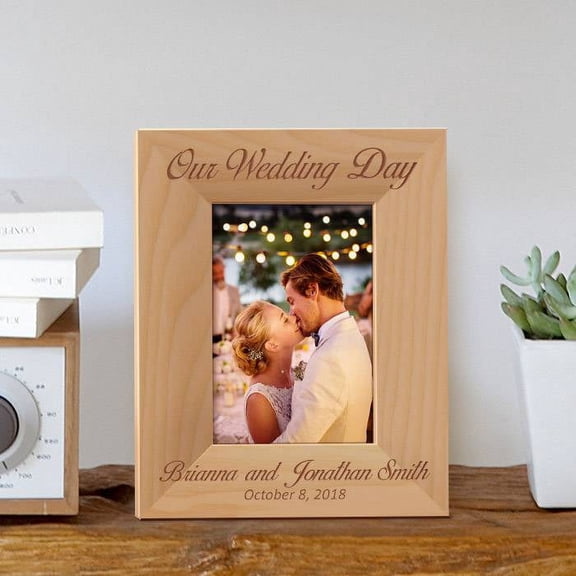 Our Wedding Day Personalized Wooden Picture Frame 3 1/2" x 5" Brown (Vertical)