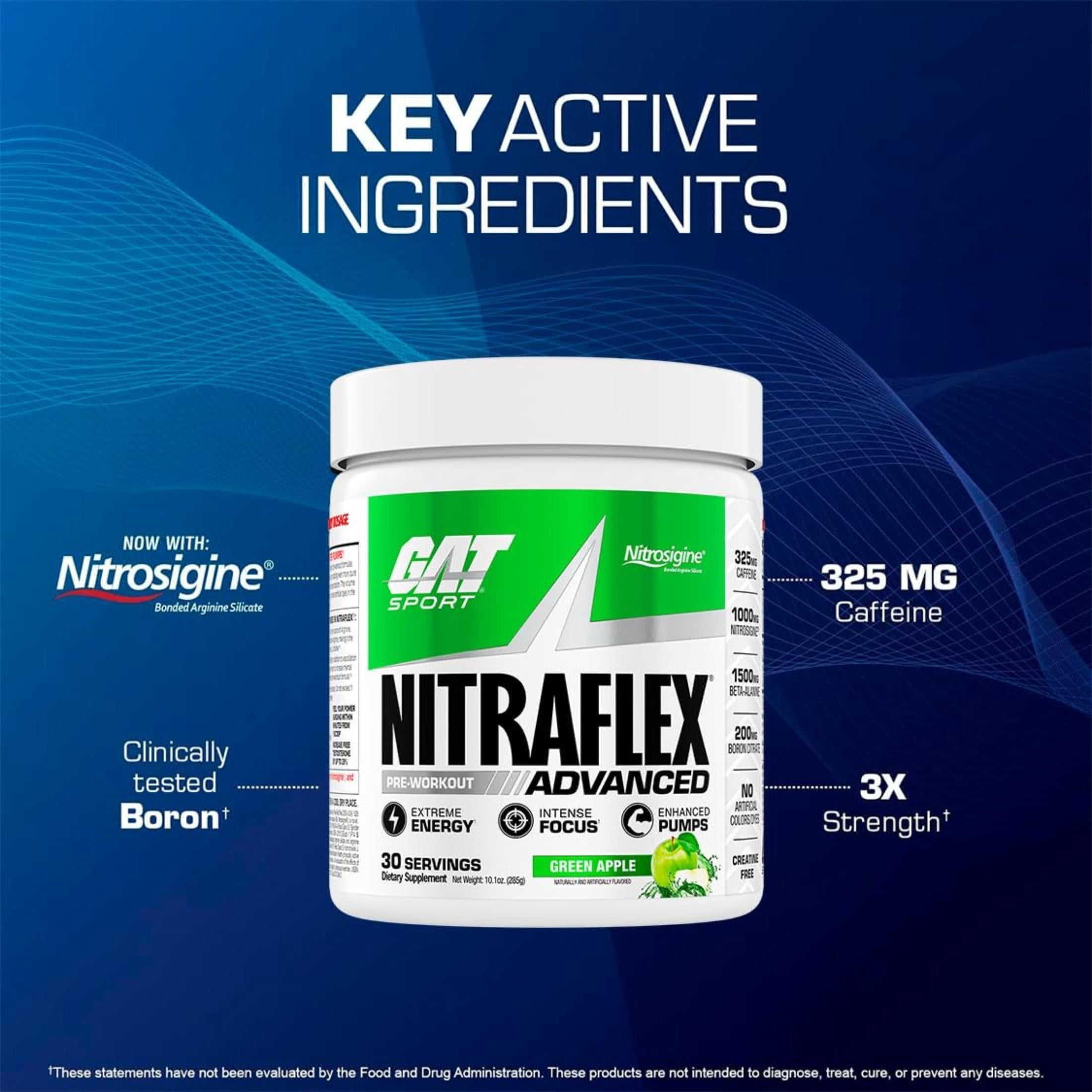 GAT SPORT Nitraflex Advanced Pre-Workout Powder, Increases Blood Flow, Boosts Strength and Energy, Improves Exercise Performance, Creatine-Free (Green Apple, 30 Servings)