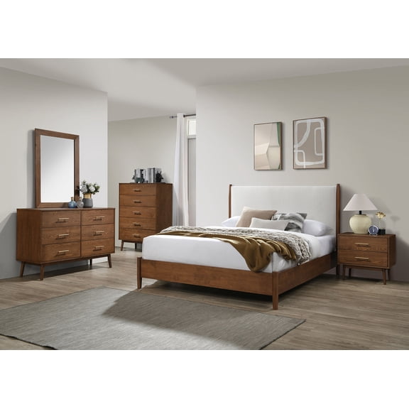 Walnut Finish 4pc Bedroom Set Eastern king Size Bed Dresser Mirror Nightstand Casual Beige Fabric Panel Upholstered HB