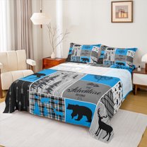 Homewish Moose Bear Deer Twin Sheet Sets, Vintage Dark Blue Buffalo Twin Fitted Sheet, Western Countryside Flat Sheet, Luxury Bedroom Decor, 3 Pieces