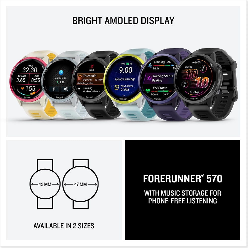 Garmin 010-02971-00 Forerunner 570 - 47mm GPS Smartwatch Aluminum and Black Band Bundle with Deco Essentials Charging Dock, Deco Essentials Silicone Dust Cover 3 Pack and 1.4 Inch Screen Protector