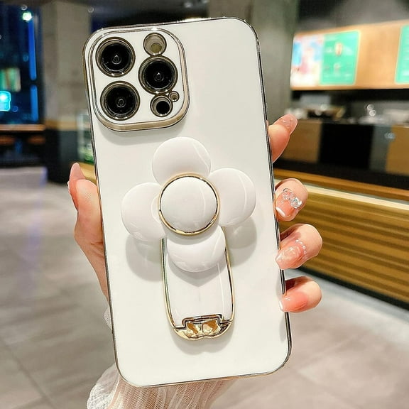 for iPhone 13 Pro Max Case Luxury Plating Hidden Stand Case Cover, Cute Rotatable Flower Windmill Kickstand for Women Girls with Camera Protector Soft TPU Shockproof Bumper 6.7 inch - White