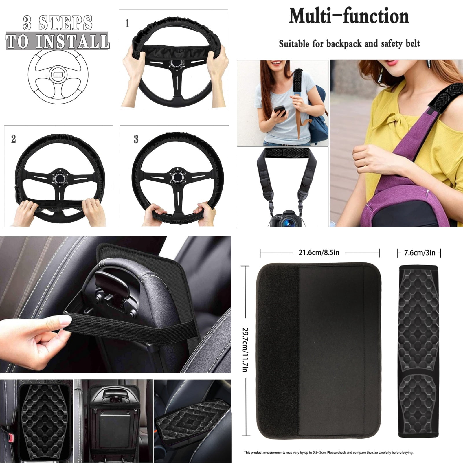 Jeiento Black Car Front Back Seat Covers Full Set of 17 with Car Floor Mats Auto Steering Wheel Cover Seatbelt Pads Car Armrest Cover Cup Coasters Keychains Lipstick Holder Universal Fit