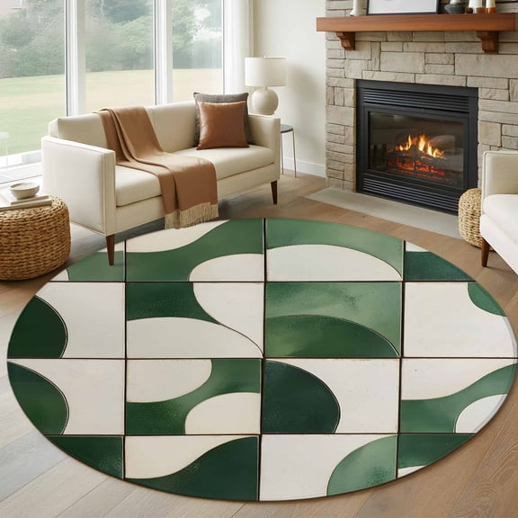 Green Geometric Round Rug 5ft Washable Circle Kitchen Rugs Non Slip Retro Abstract Modern Minimalist Large Area Rug Indoor Floor Carpet for Bedroom Living Room Home Office Dining Room Nursery