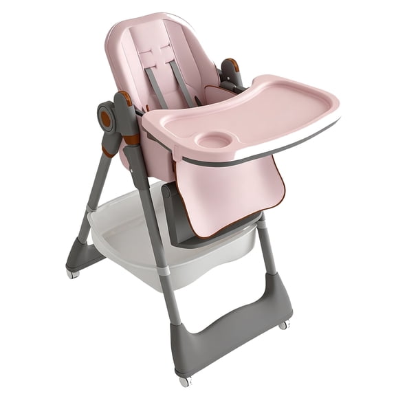 Adjustable Baby High Chair for Ages 0-6 Years, Portable Infant Feeding Seat with Safety Belt, Silent Lockable Wheels & Easy-Clean Surface, Pink