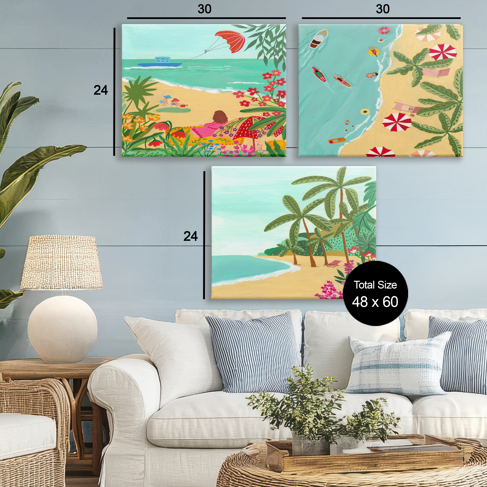 Busy Beach And Flowers 3 Piece Canvas Wall Art Set, design by Nabeela Rumi
