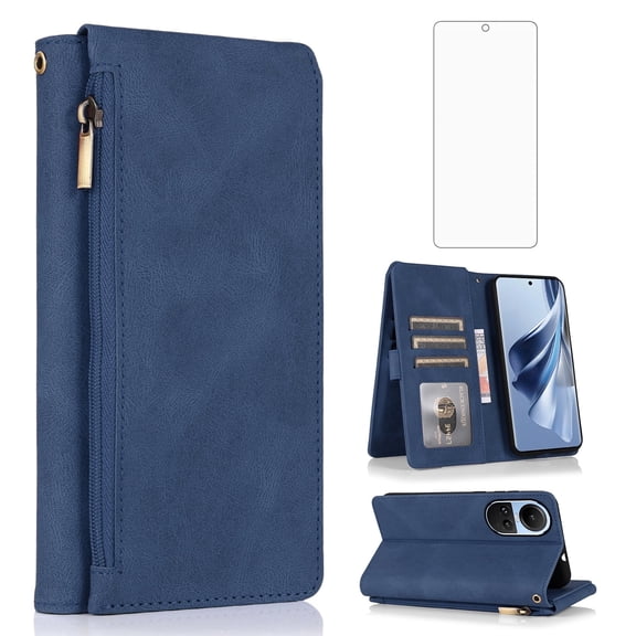 Asuwish Wallet Kickstand Hard Shell Cell Phone Case with Tempered Glass Screen Protector for OPPO Reno 10 5G, Blue