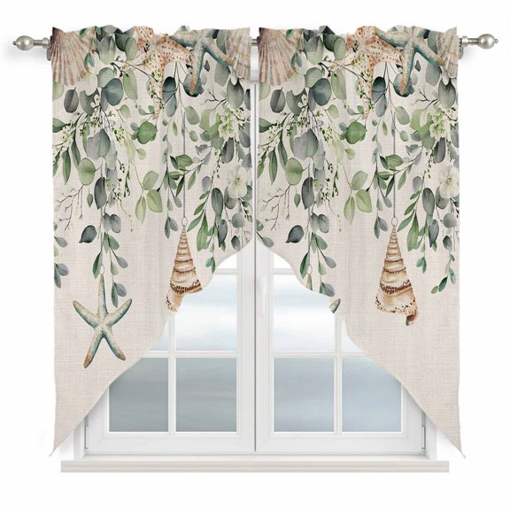 Green Coastal Kitchen Window Curtains, Swag Curtains Valance for Bedroom Living Room Bathroom, Eucalyptus Leaves Summer Beach Starfish Rustic Rod Pocket Window Curtain Block Drapes 2 Panels 28"x36"