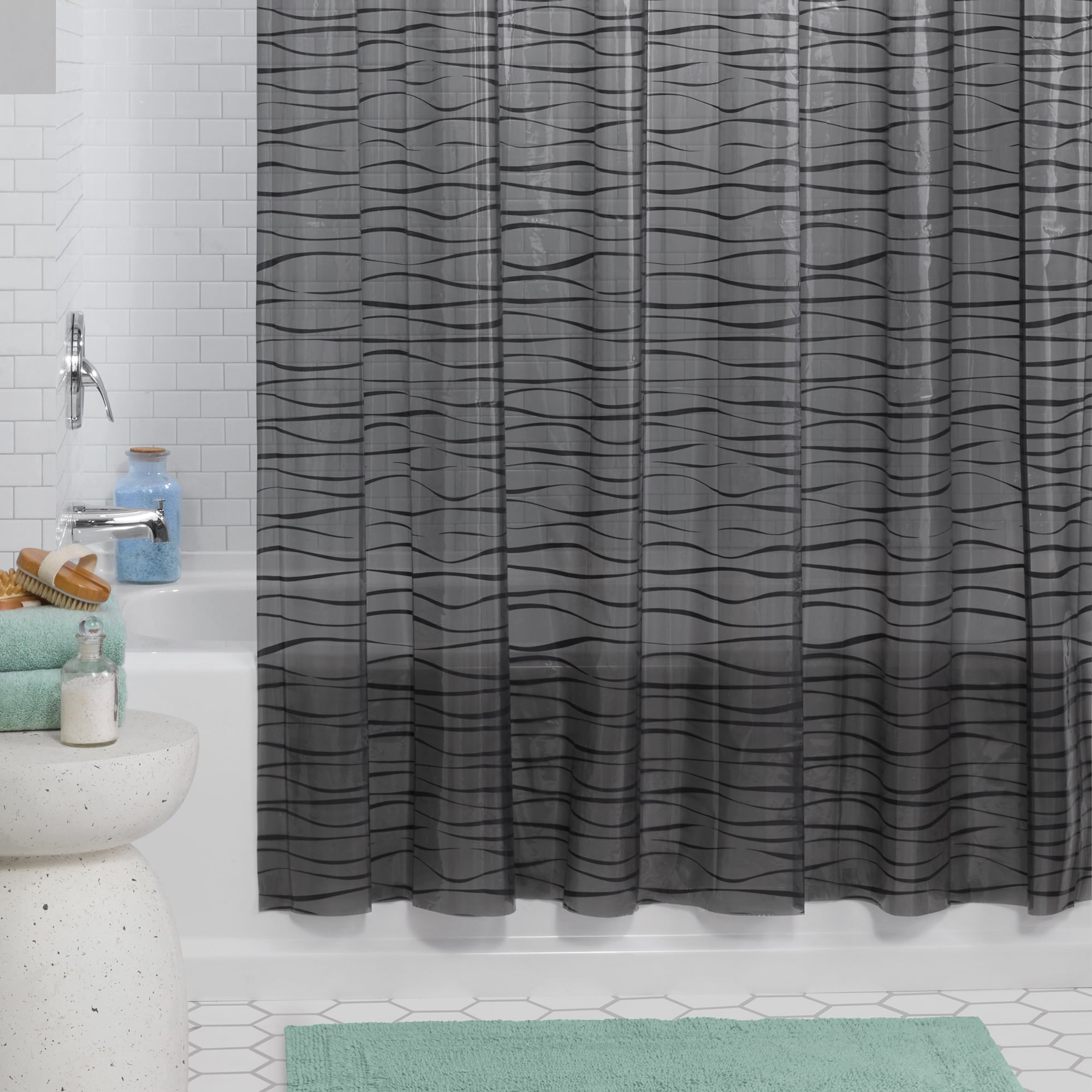 Mainstays Oasis 13-Piece Shower Curtain Set, Waterproof PEVA Curtain with 12 Hooks, Black