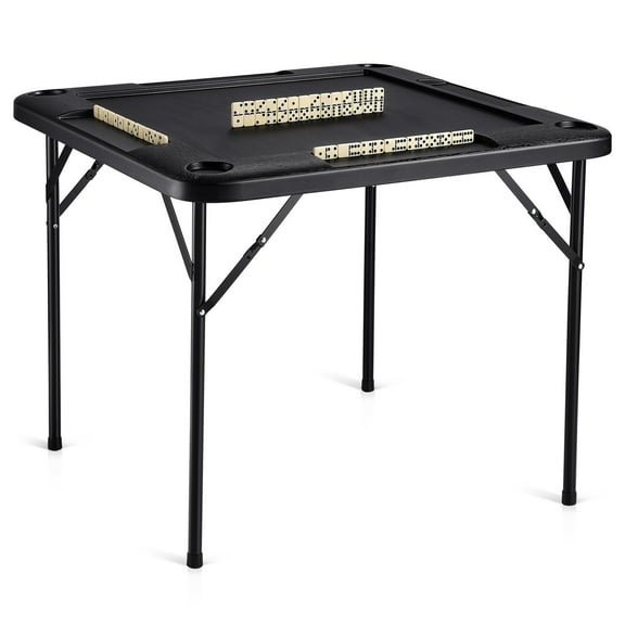 35.4 x 35.4 Inch Black Square Folding Mahjong Table with 4 Cup Holders 4 Chip Trays and Dominoes Set Portable Game Table for 4 Players
