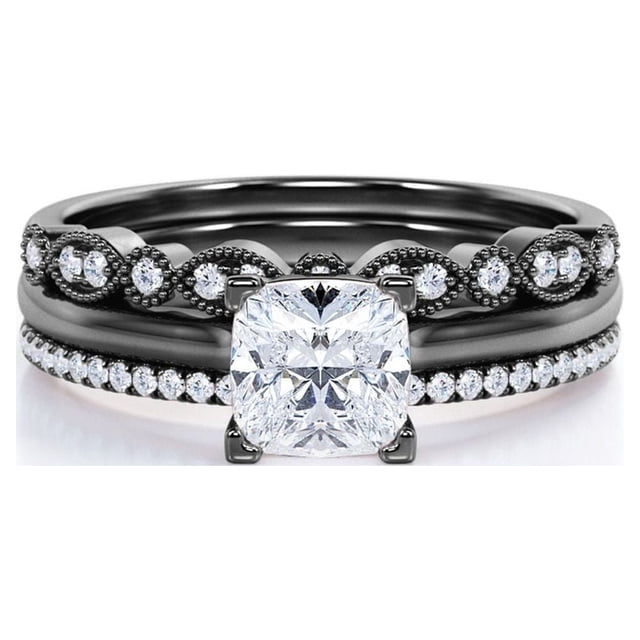 JeenMata Juego de Anillos de Boda Estilo Princesa de 2 Quilates - Juego de Novia - Juego de Trío de Boda - Anillo de Compromiso - Anillo Art Déco - Anillo de Promesa - Plata Esterlina