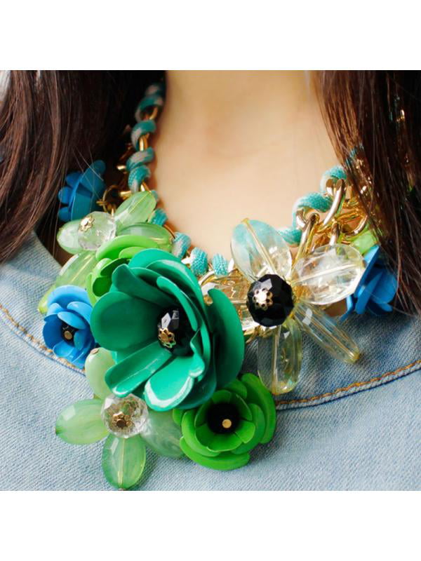 Women Fashion Crystal Flower Charm Choker Chunky Statement Bib Chain Necklace 