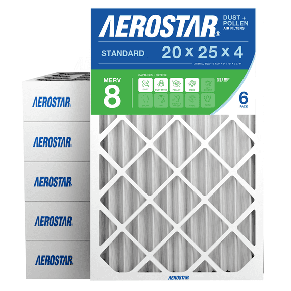 Aerostar 20x25x4 MERV 8 AC Furnace Air Filter, Pleated HVAC Filter, MPR 600 FPR 5, Allergen Defense, 6-Pack, Made in USA