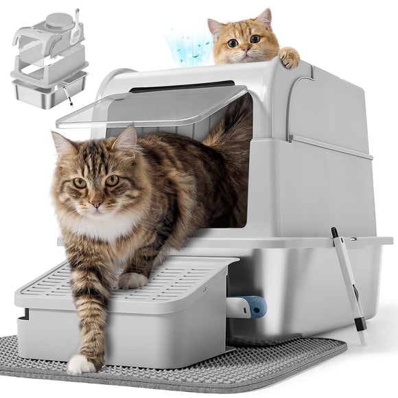 Feandrea Stainless Steel Cat Litter Box with Flip Lid, Enclosed Litter Box with 2 Entrances, Scoop, Brush, for Cats up to 33 lb,Light Gray UPPT021G101