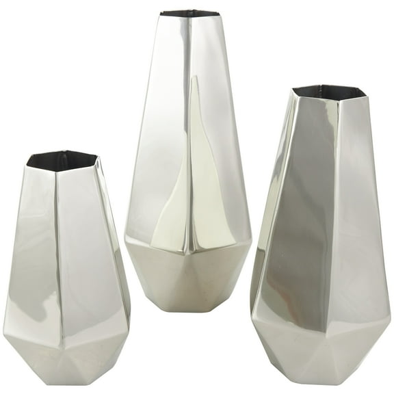 DecMode 10", 8", 6"H Geometric Hexagon Shaped Silver Stainless Steel Vase with Varying Heights, Set of 3