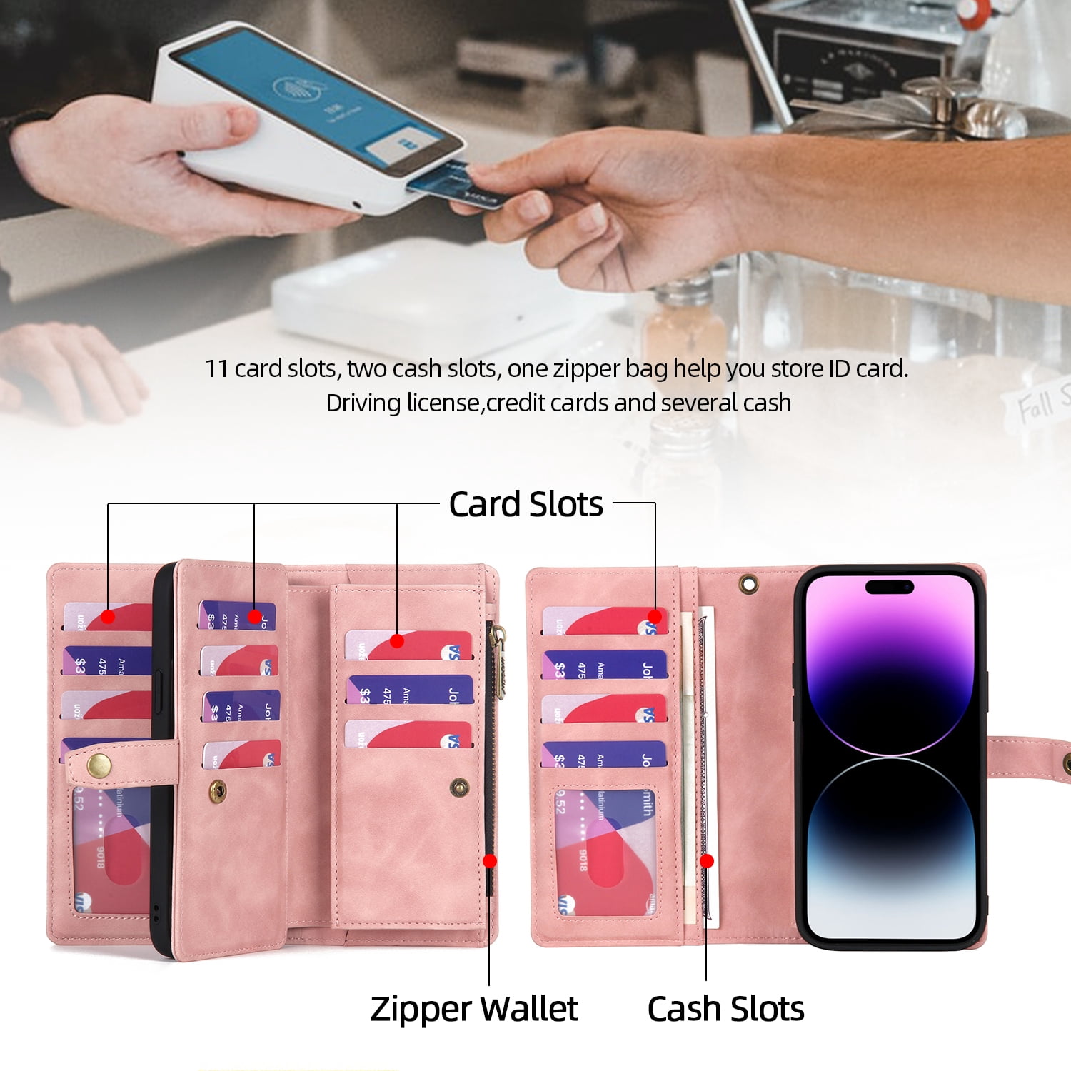 Dteck for iPhone 14 Pro Case, iPhone 14 Pro Case Wallet for Women Men, Durable PU Leather Magnetic Flip Lanyard Strap Wristlet Zipper Card Holder Phone Cases for iPhone 14 Pro,Pink