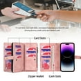 thumbnail image 6 of ELEHOLD Multi-Functional Wallet Case for iPhone 15 Pro Max,with Large Capacity 11 Card Slots Zipper Bag Magnetic Detachable Case Wriststrap Shockproof Luxury Case for iPhone 15 Pro Max 6.7", Pink, 6 of 7