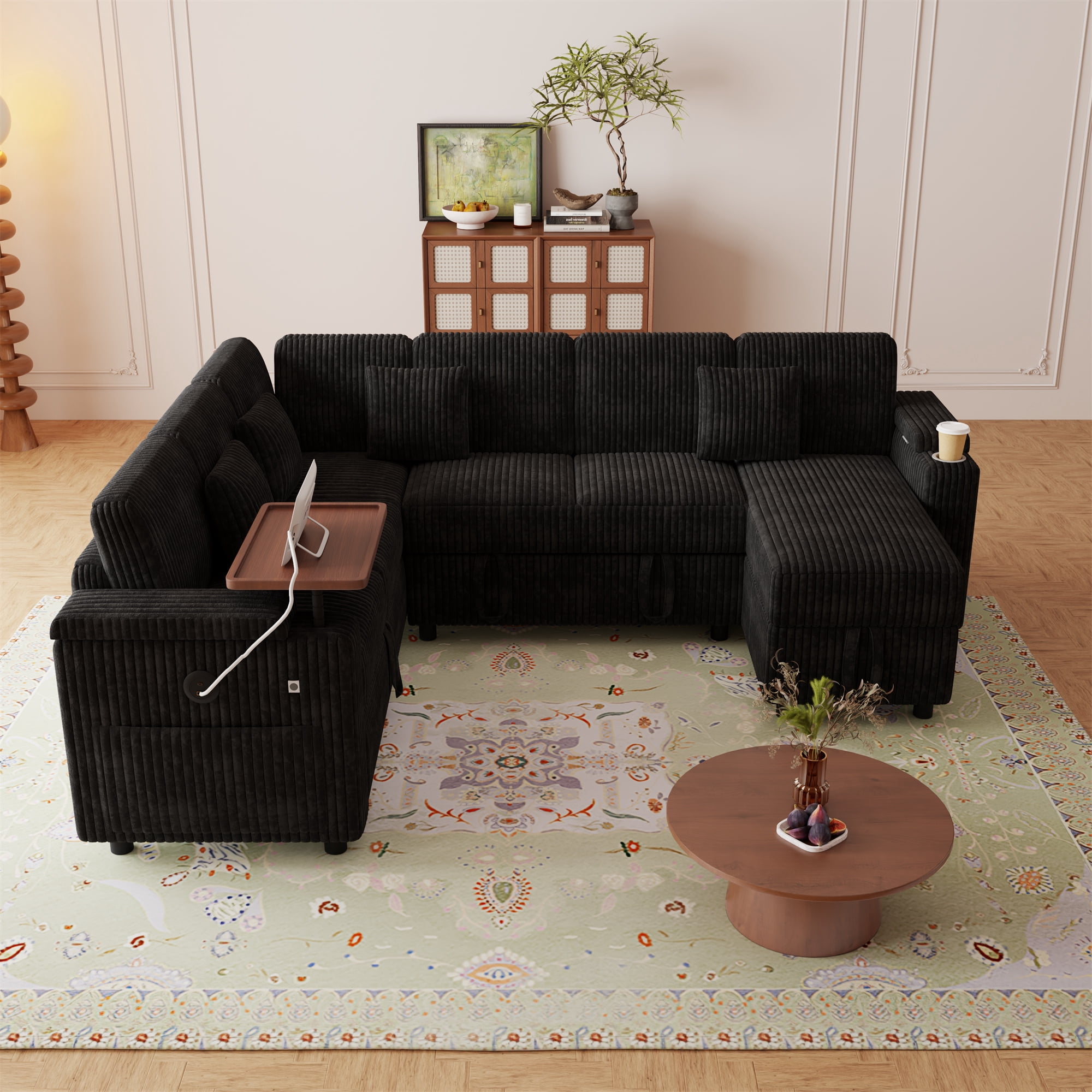 Aukfa 7 Seat U Shape Sectional Couch Convertible Sofa Bed with USB, Cupholder Arm Storage Console, Floating Desktop, Corduroy, Black